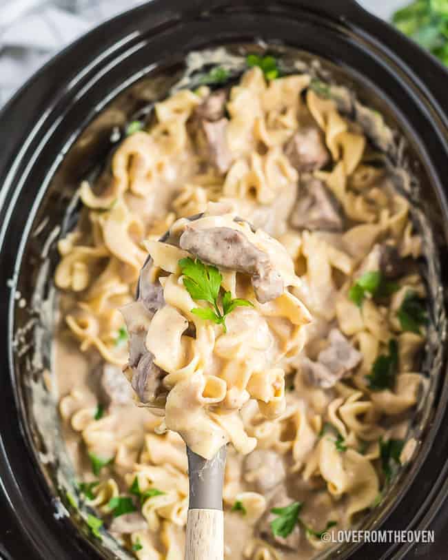 Close-up of beef stroganoff on a serving spoon.