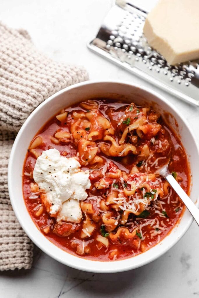 Slow cooker lasagna soup in a bowl.