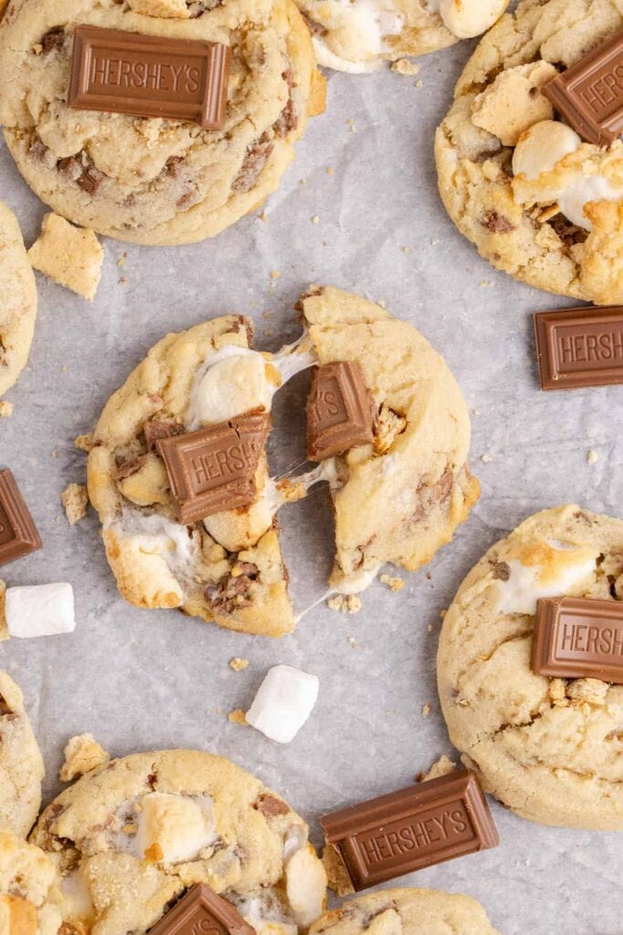 S'mores cookies on parchment paper.