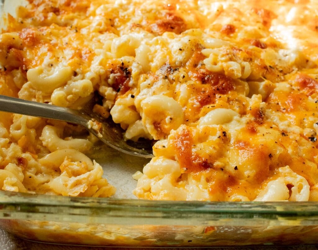 Southern baked mac and cheese in a baking dish.