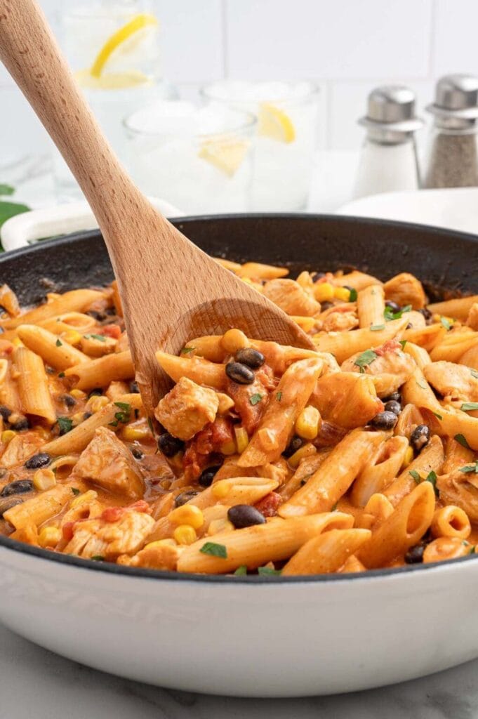 Southwest chicken pasta in a skillet.