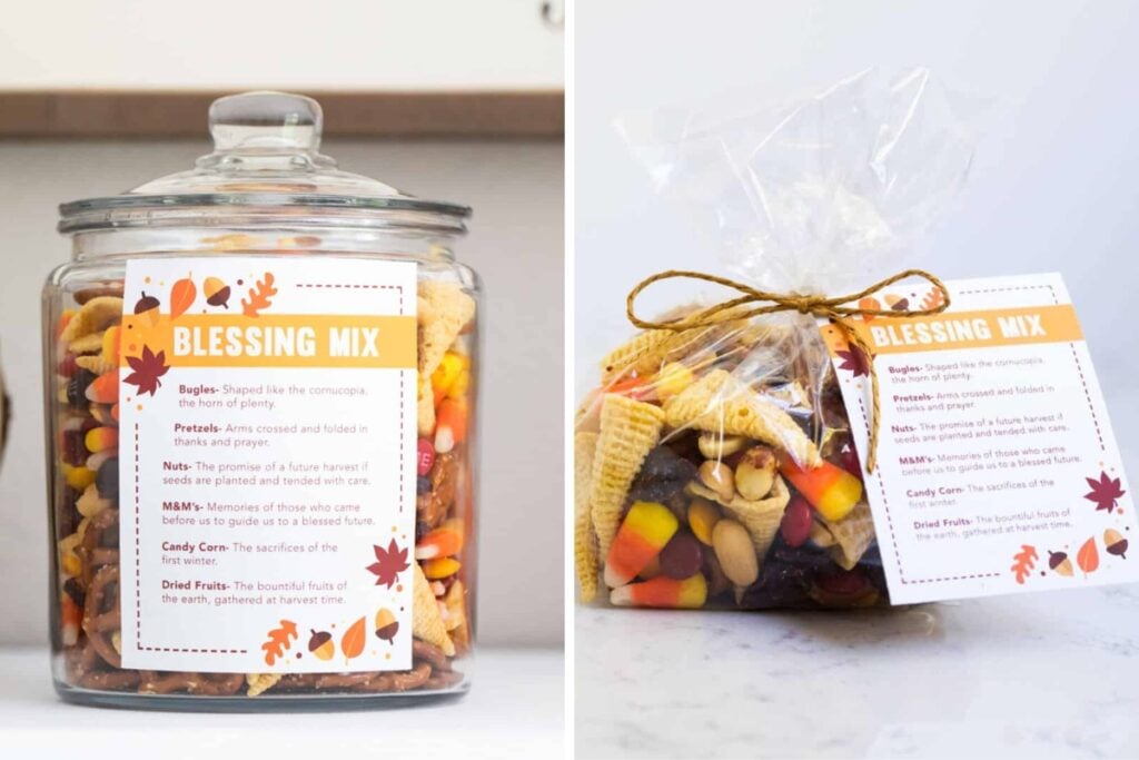 Thanksgiving blessing mix in a jar and gift bag.