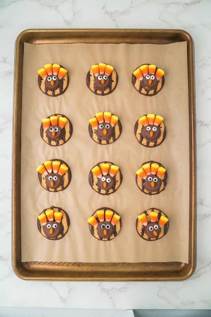 Turkey cookies on baking sheets.