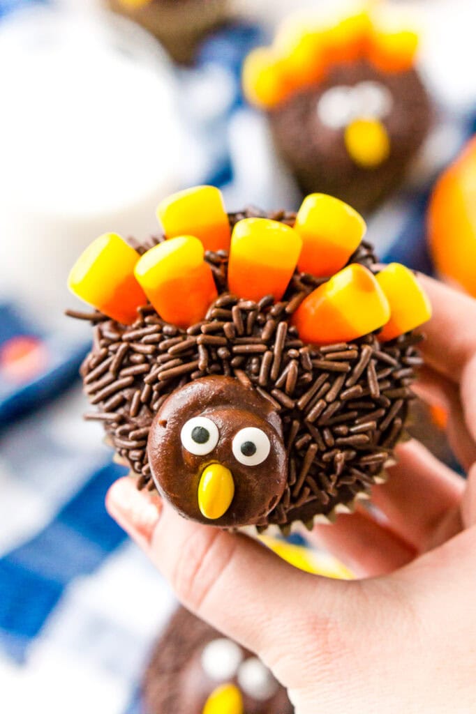 Turkey cupcake with chocolate sprinkles and candy corn.