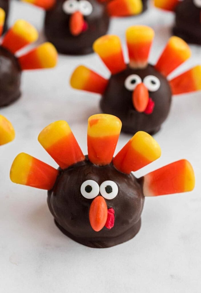 Turkey Oreo balls on a white surface.