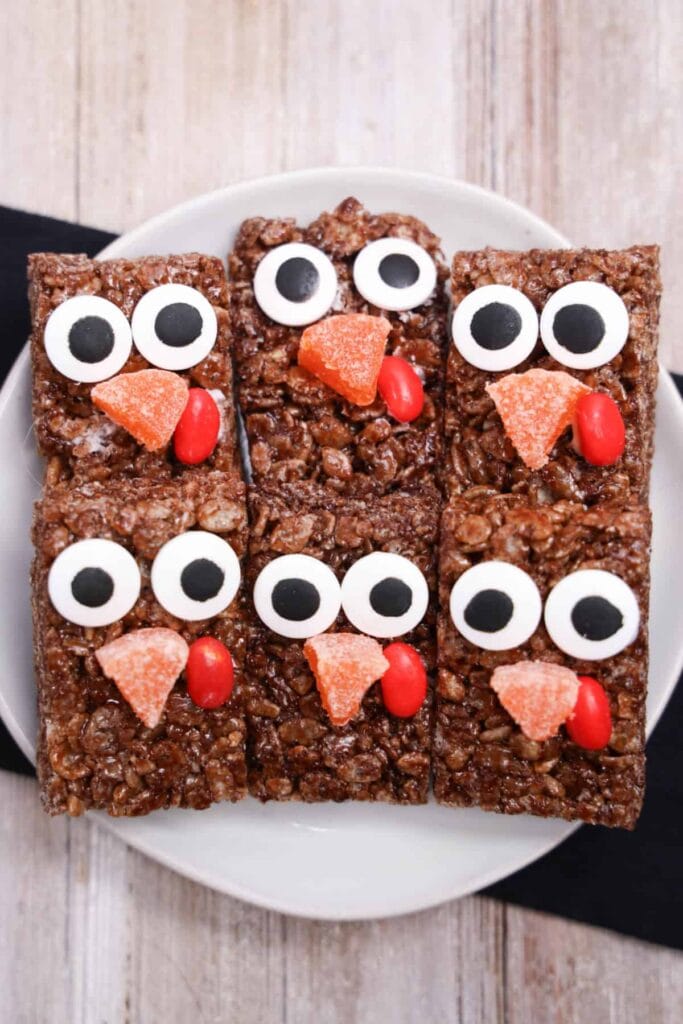 Turkey Rice Krispie treats on a white plate.