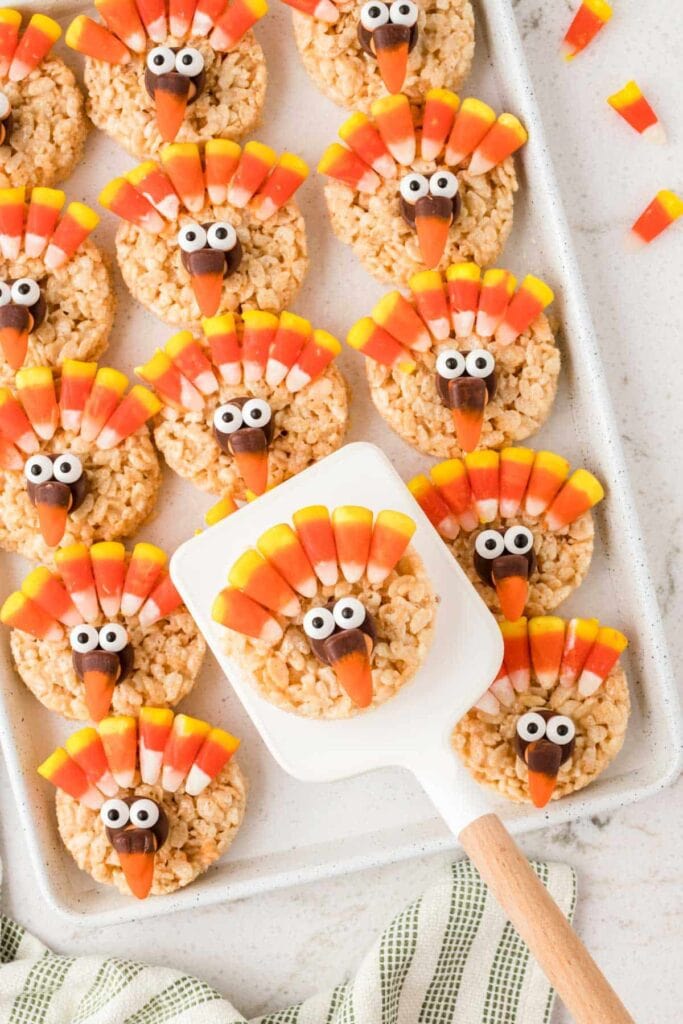 Turkey Rice Krispie treats on a plate.