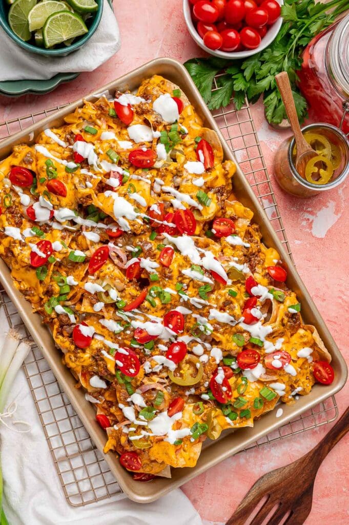 Overhead view of viral sliding sheet pan nachos.