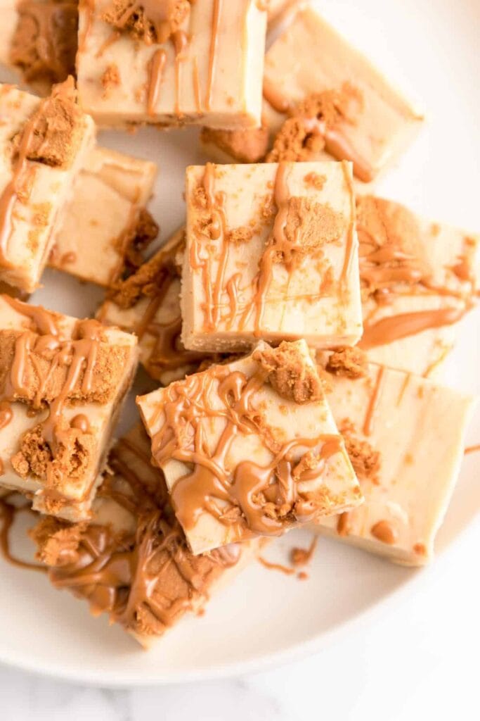 Square dessert bars with creamy beige base, topped with cookie crumbles and caramel drizzle, arranged on a white plate.