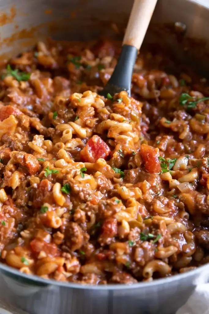 Close-up of American goulash in a pot.