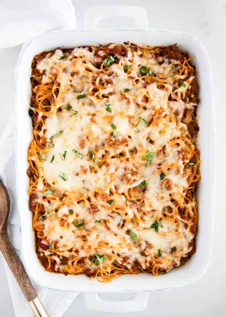 Baked spaghetti in a baking dish.