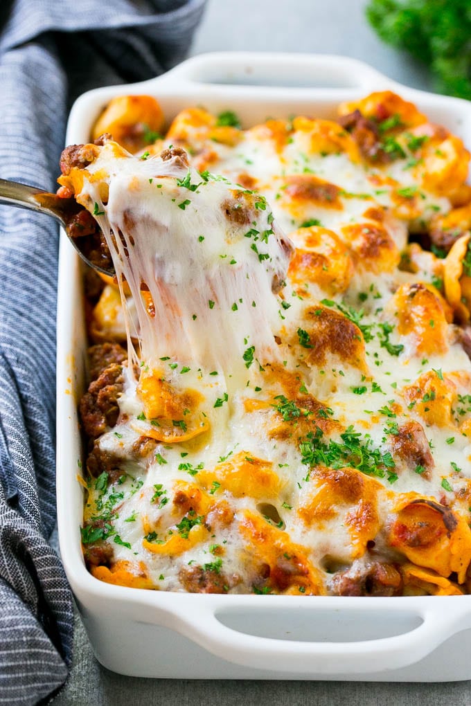 Baked tortellini in a baking dish.