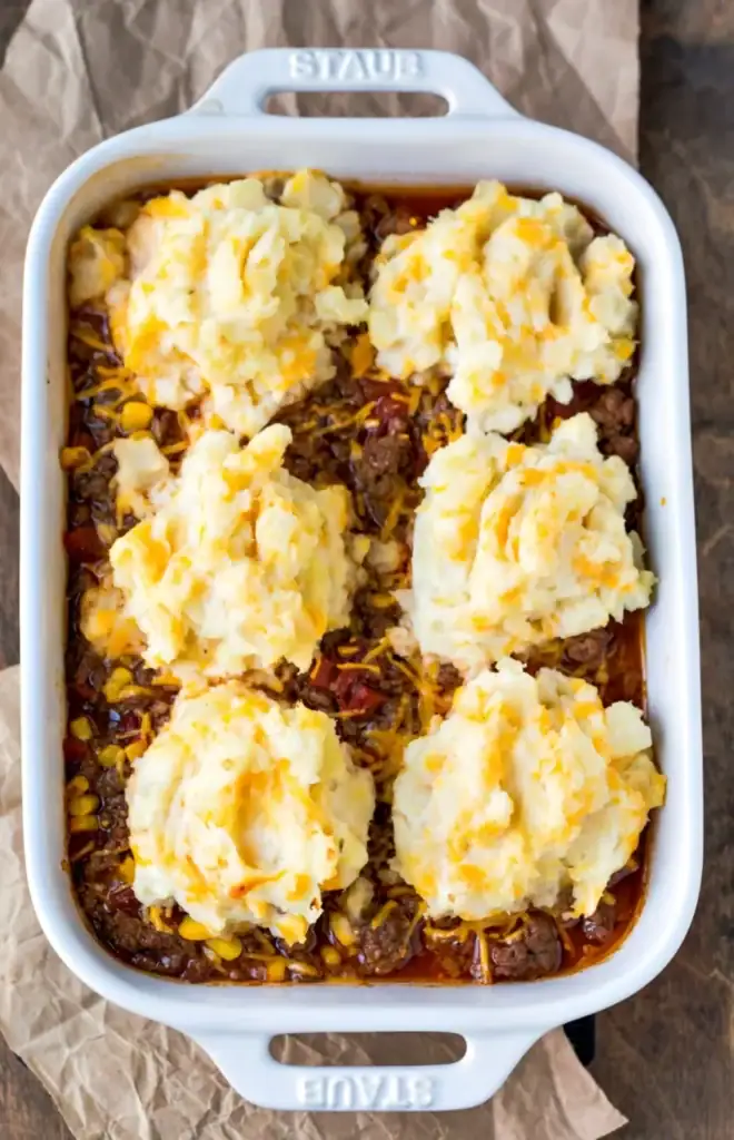 Barbecue shepherd's pie in a white baking dish.