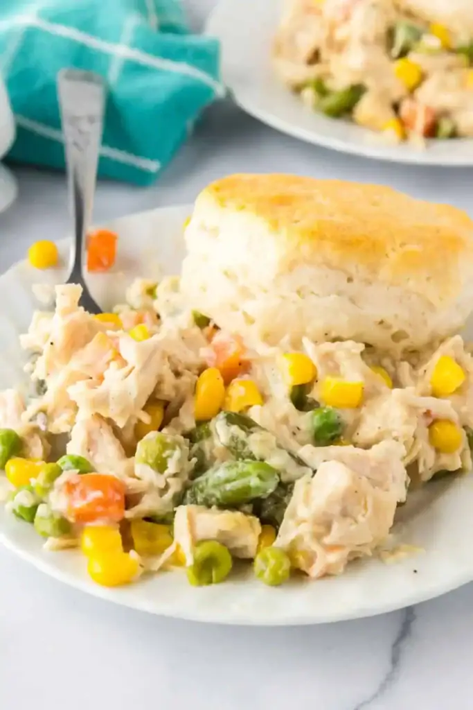 Biscuit chicken pot pie on a plate.
