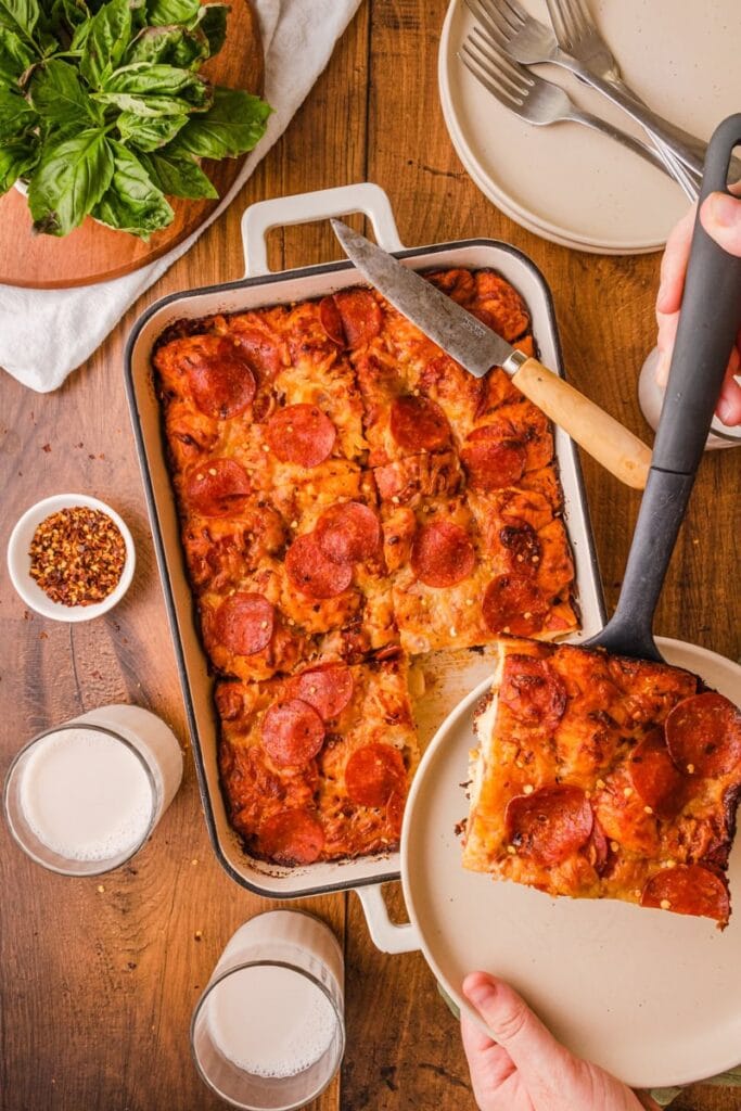 Bubble up pizza casserole in a baking dish.