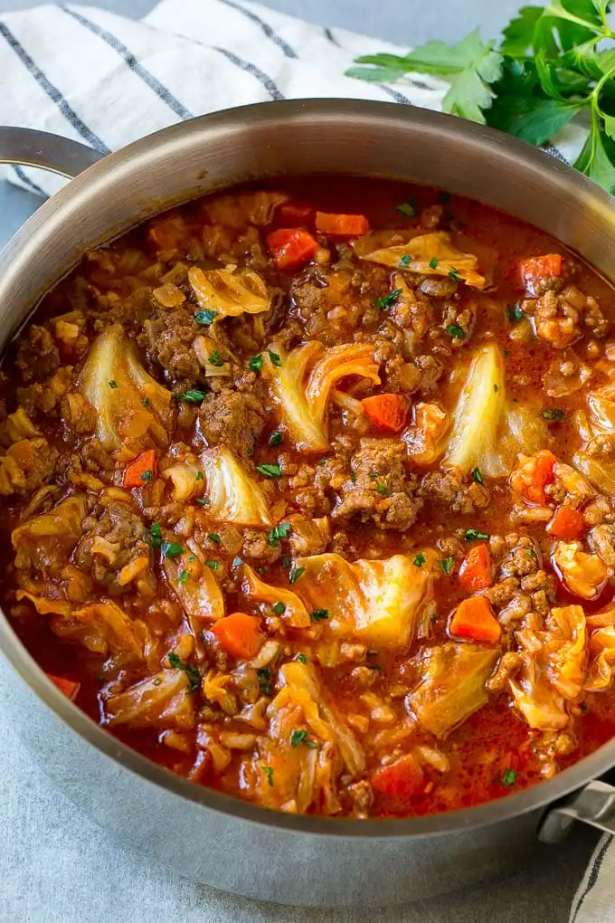 Cabbage roll soup in a pot.
