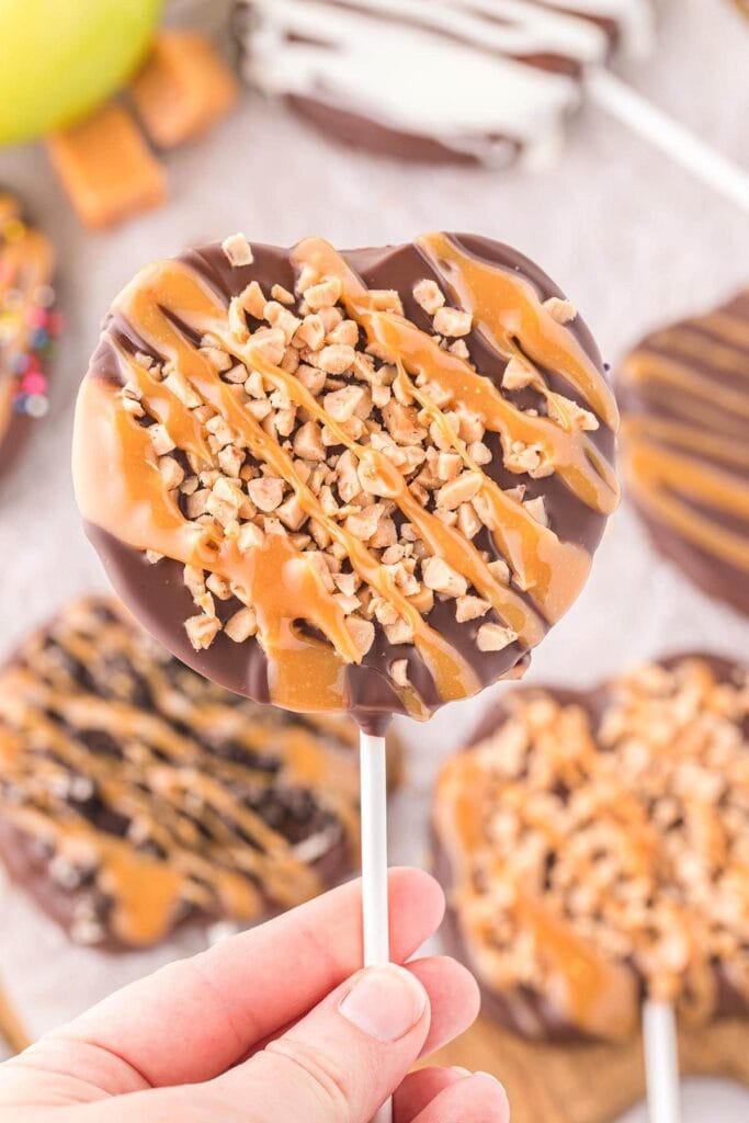 caramel apple slices on a stick