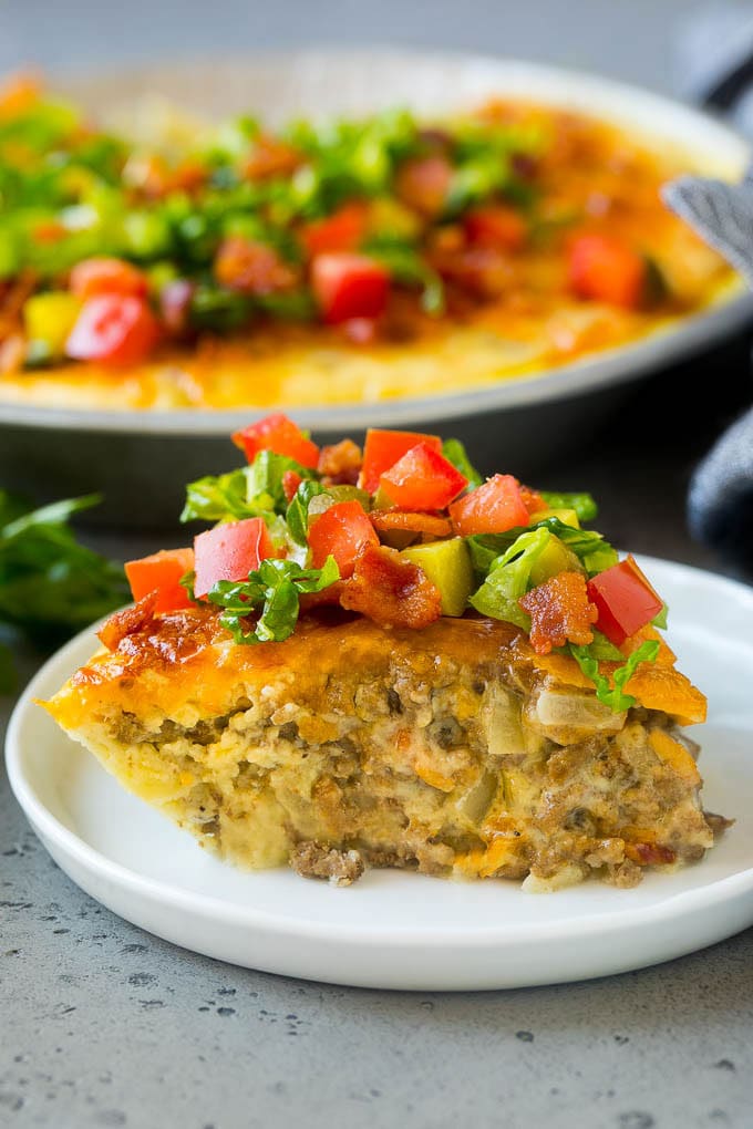 Cheeseburger pie served on a plate.