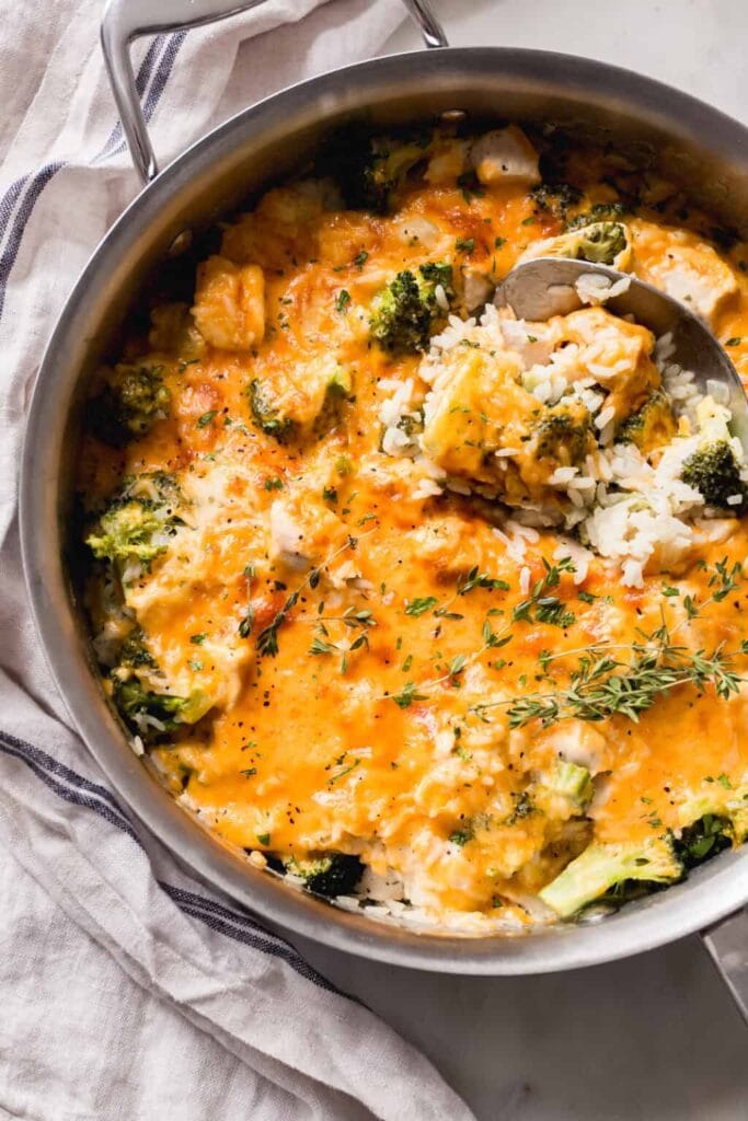 Overhead shot of cheesy chicken broccoli rice casserole.