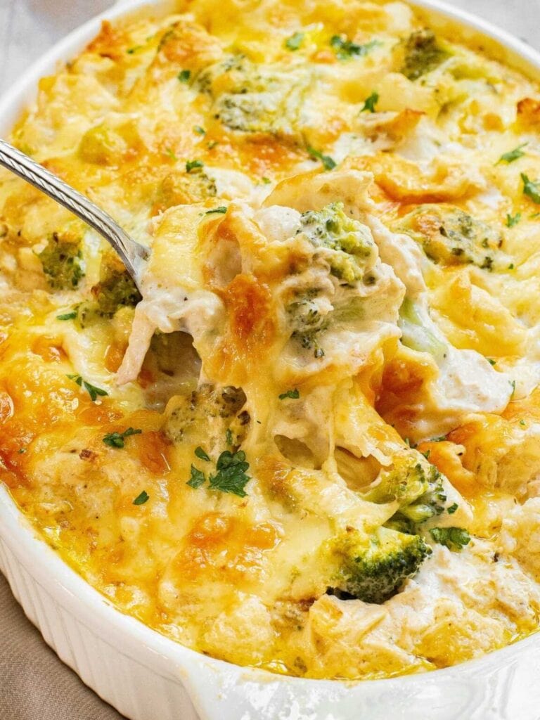 Chicken broccoli cauliflower casserole in a baking dish.