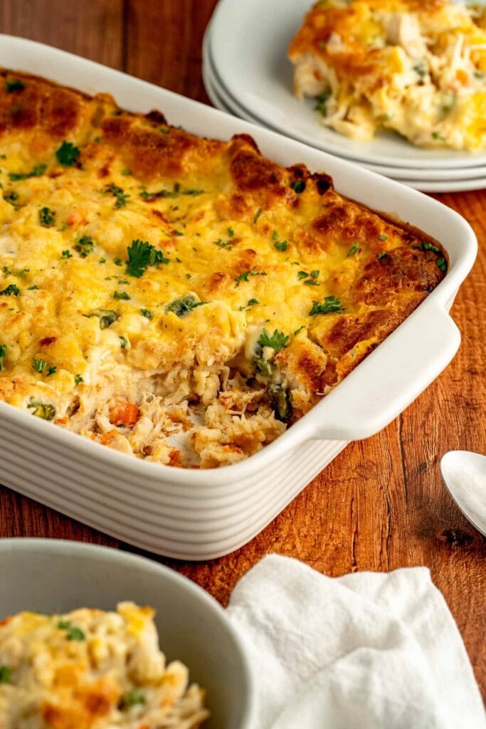 Chicken cobbler in a baking dish.