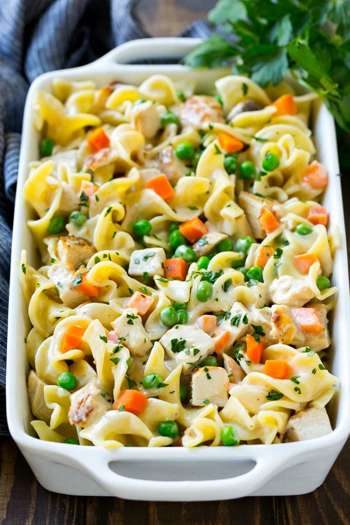 Chicken noodle casserole in a baking dish.