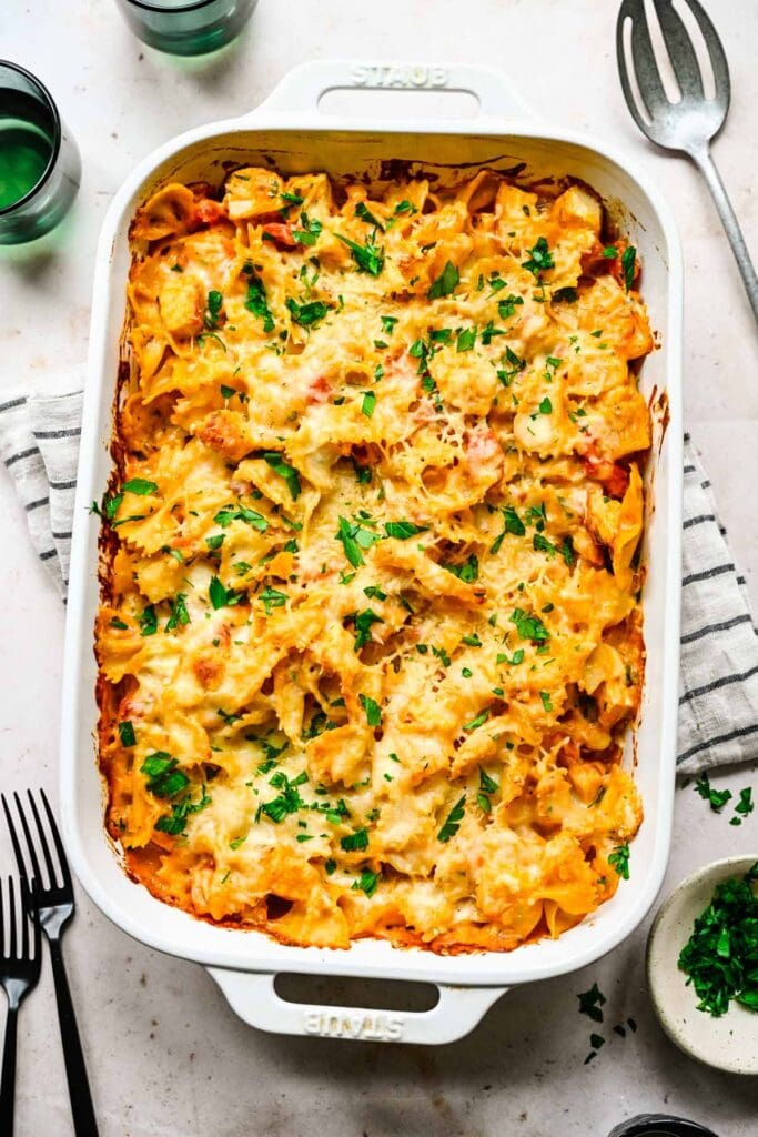 Chicken pasta bake in a baking dish.