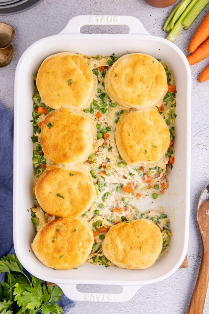 Chicken pot pie casserole in a baking dish.