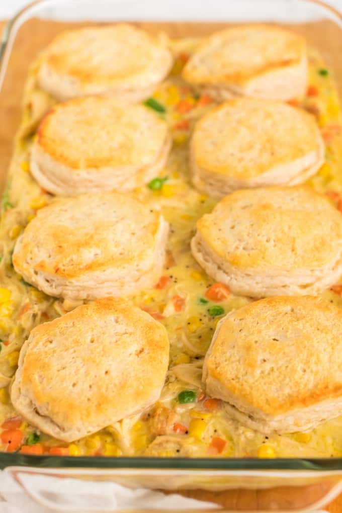 Chicken pot pie casserole in a baking dish.