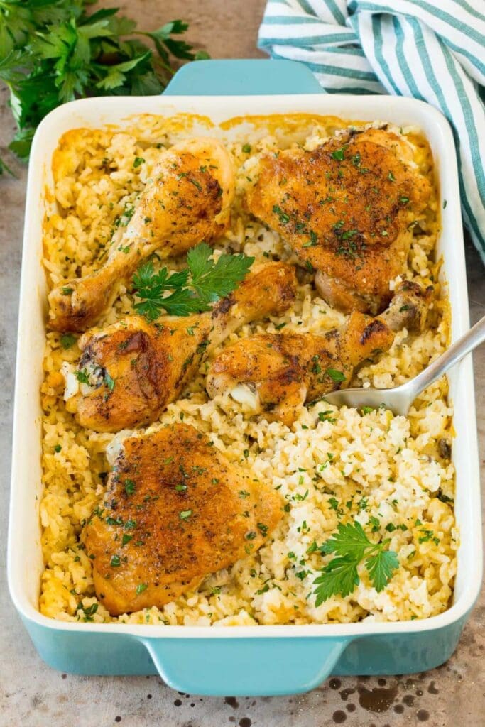 Chicken rice casserole in a baking dish.