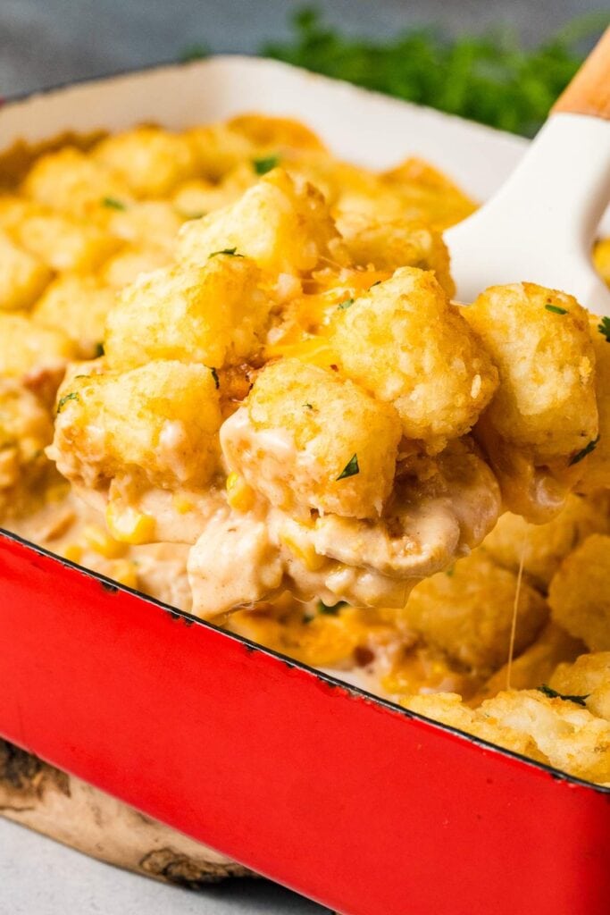 Chicken tater tot casserole in a baking dish.