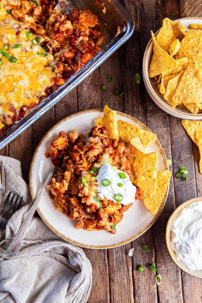 Chili cornbread bake served on a plate.