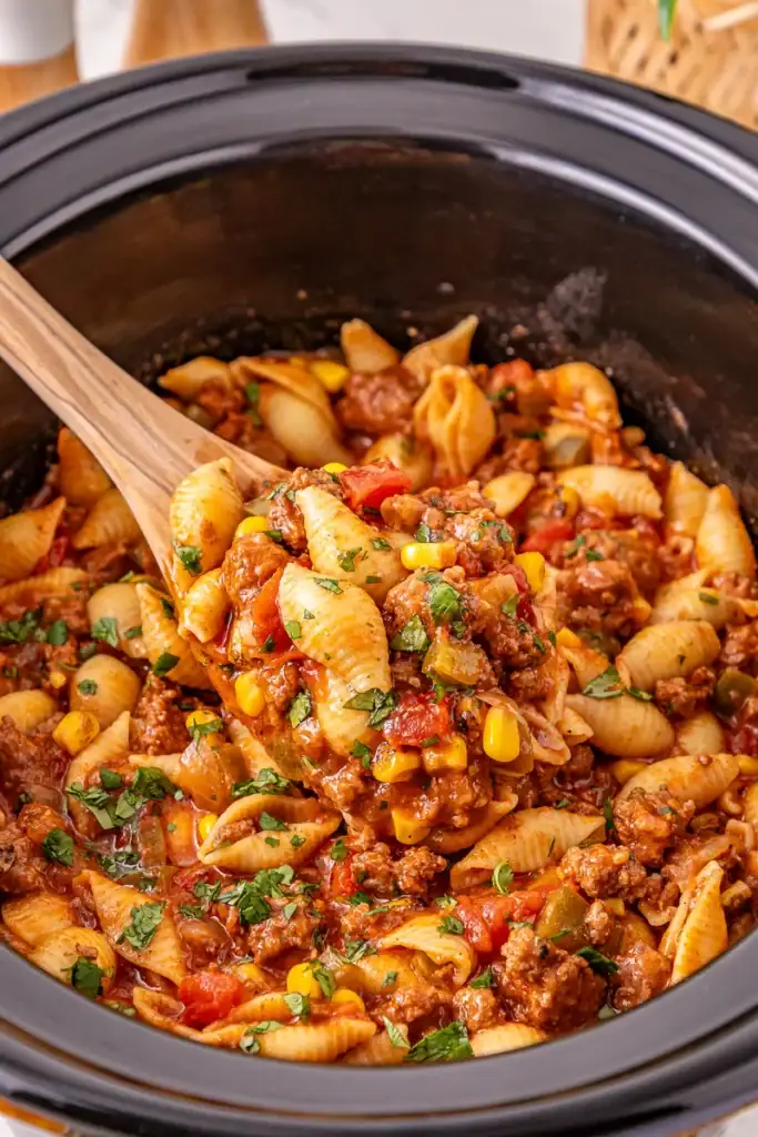 Cheesy taco pasta in a slow cooker.