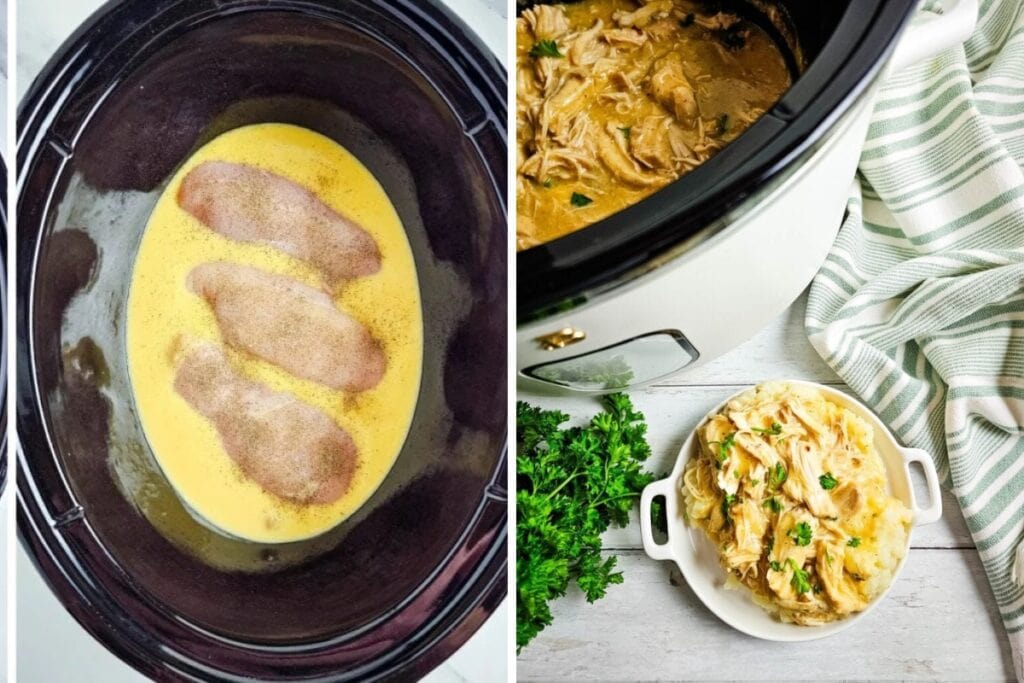 Crockpot chicken and gravy before and after cooking.