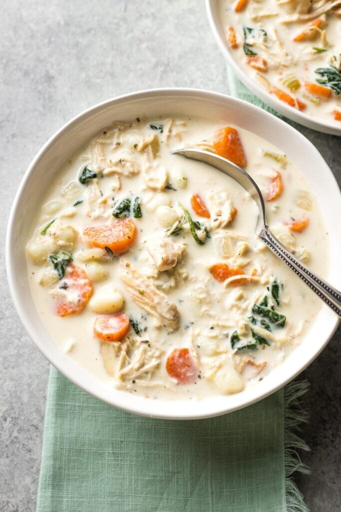 Chicken gnocchi soup in a bowl.