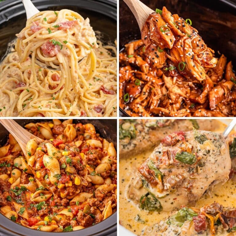 Collage of crockpot chicken recipes for easy dinners.