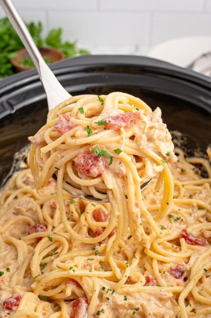 Chicken spaghetti in a crockpot.