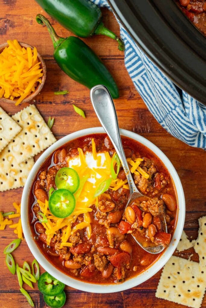 Crockpot chili served in a bowl.