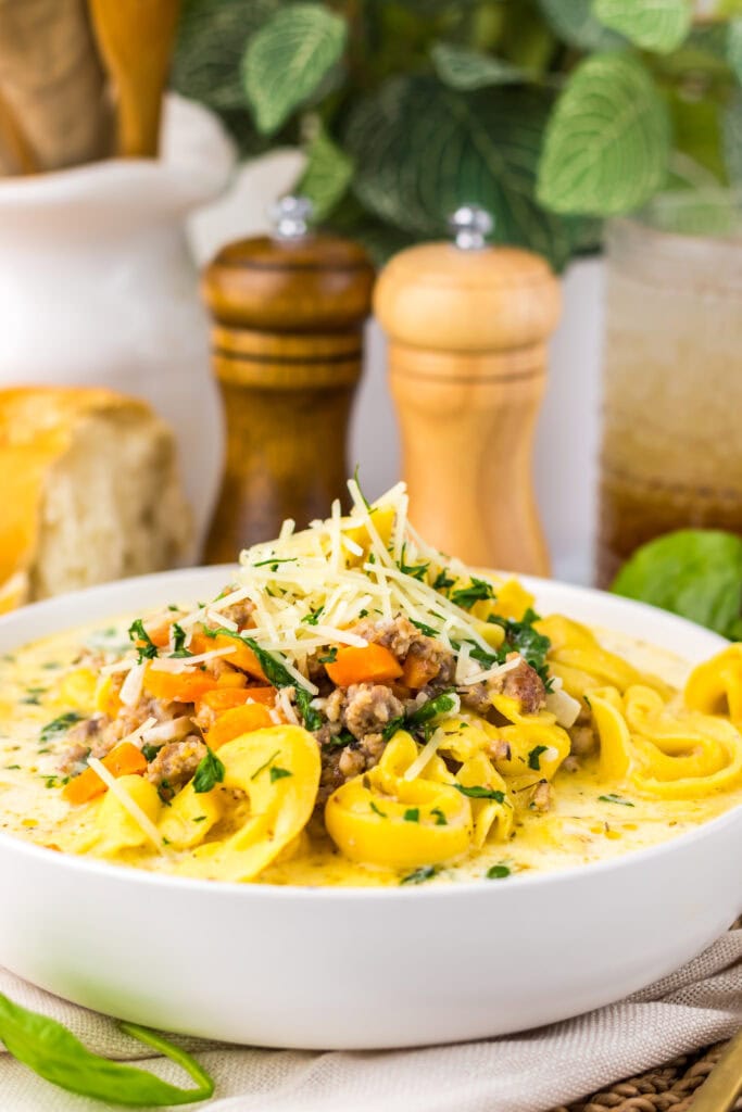 Crockpot tortellini soup in a bowl.