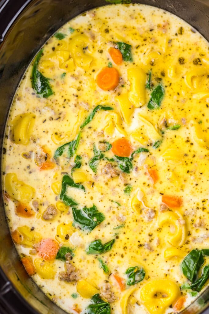 Crockpot tortellini soup on a slow cooker.