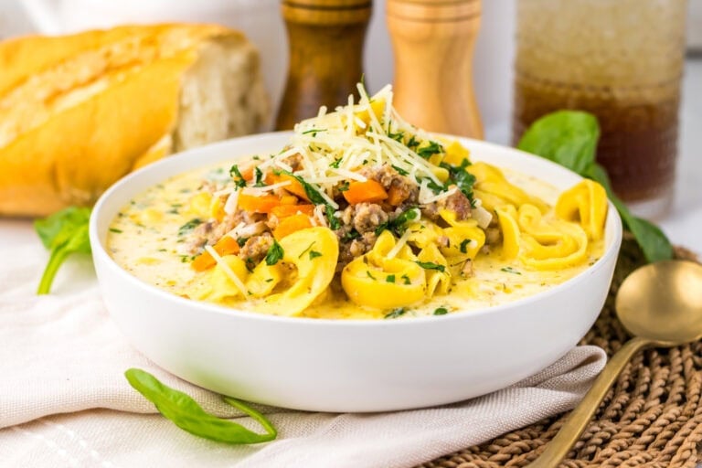 Crockpot tortellini soup in a bowl.