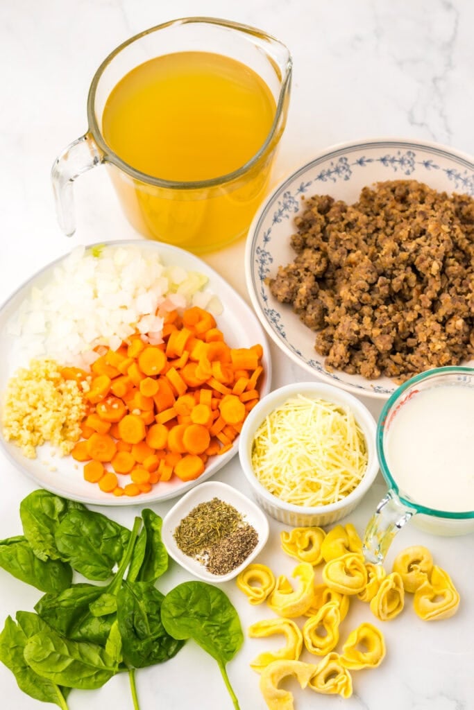 Crockpot tortellini soup ingredients on a counter.