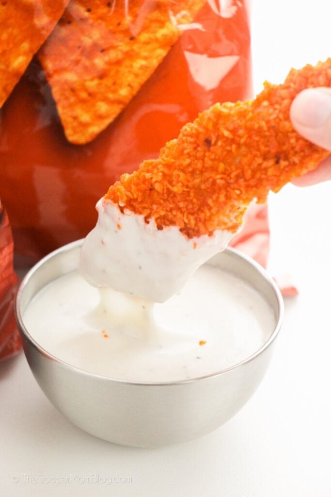 Doritos chicken strips dipped in ranch dressing.