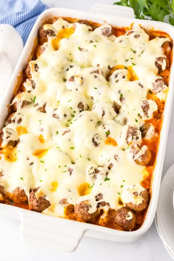 Dump and bake meatball casserole in a baking dish.