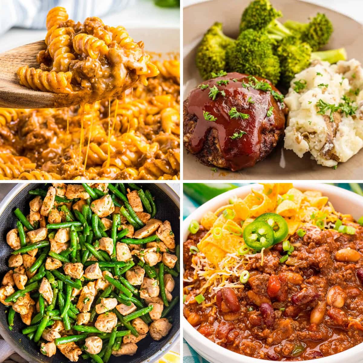 Collage of easy family dinner recipes for busy weeknights.