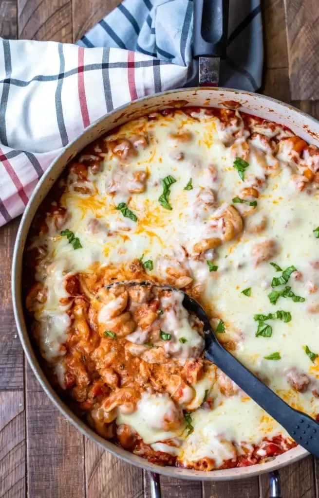 Close-up of cheesy one skillet lasagna.