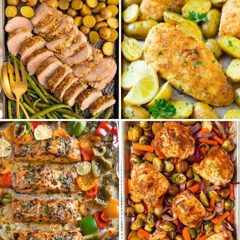 Collage of easy sheet pan dinners for family meals.