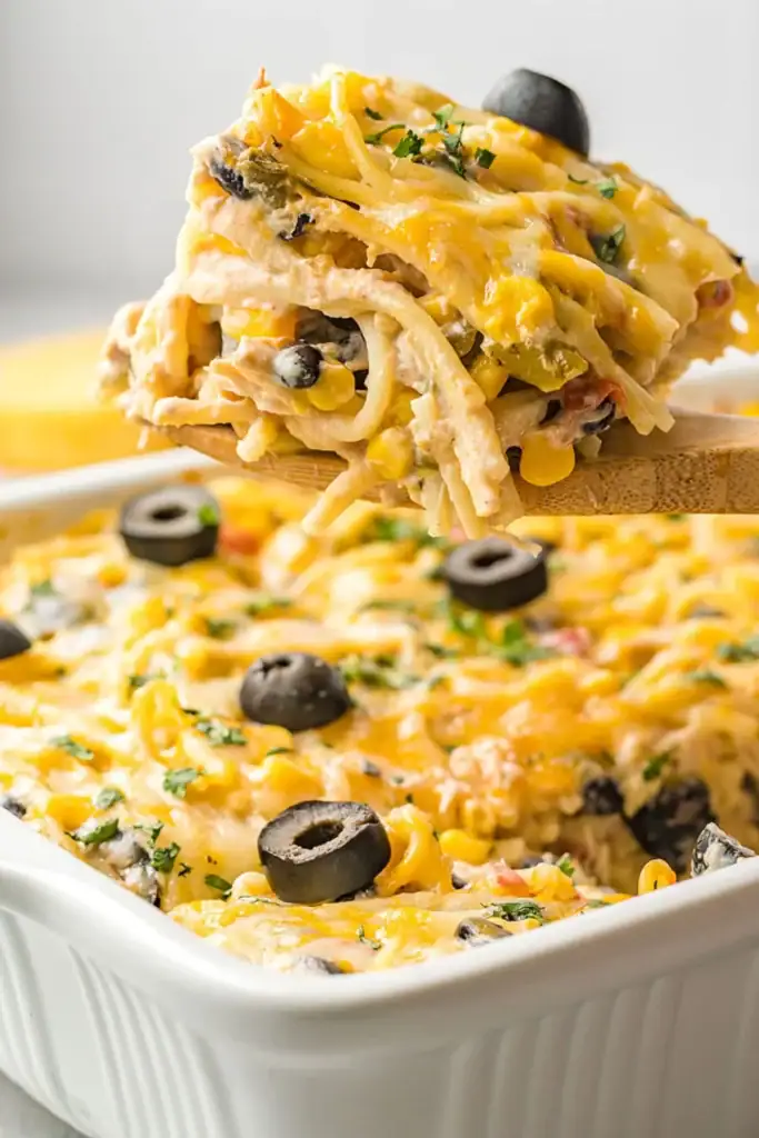 Fiesta chicken pasta casserole on a wooden spoon.