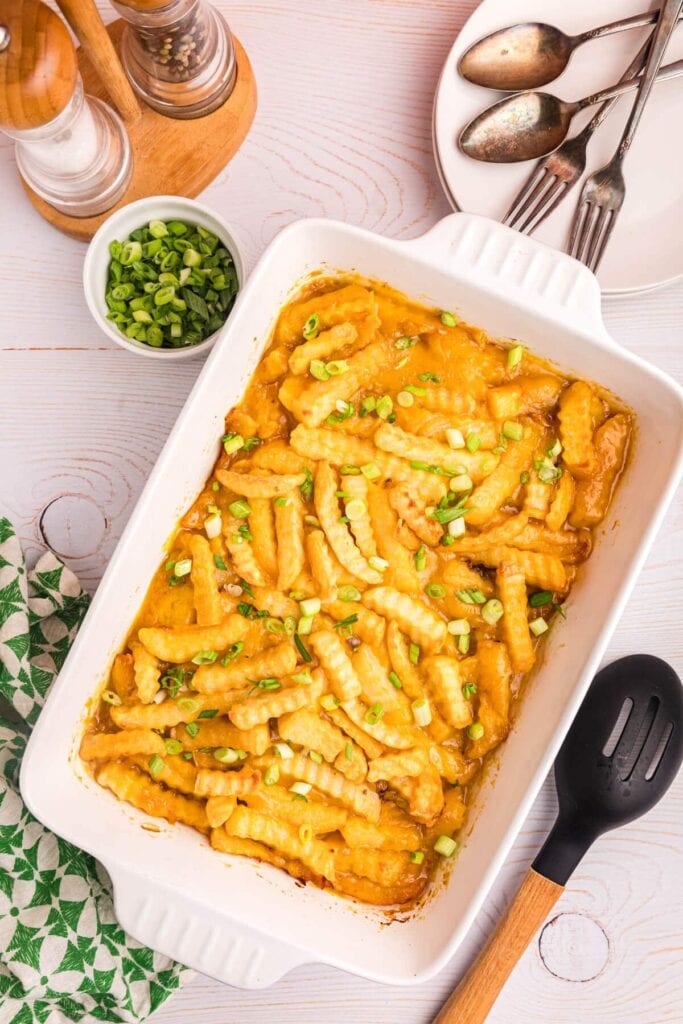 French fry casserole in a baking dish.