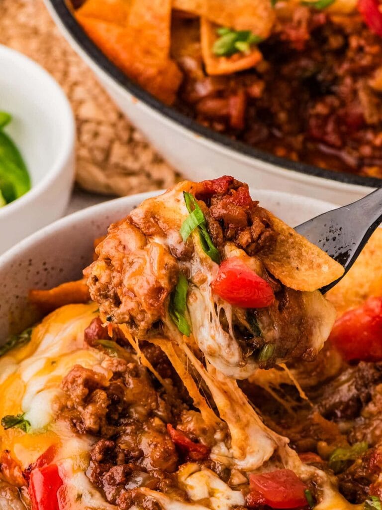 Frito pie served in a bowl.